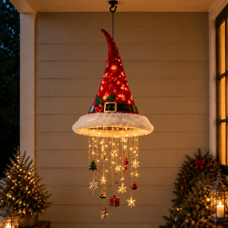 🎅 Magical Lighted Santa Hat Hanging Chandelier 🎄 | Indoor & Outdoor Warm LED Christmas Decor Gift ✨