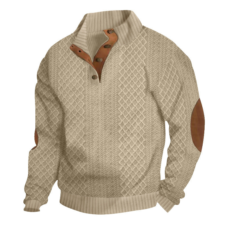 Khaki men's textured Henley pullover with stand collar