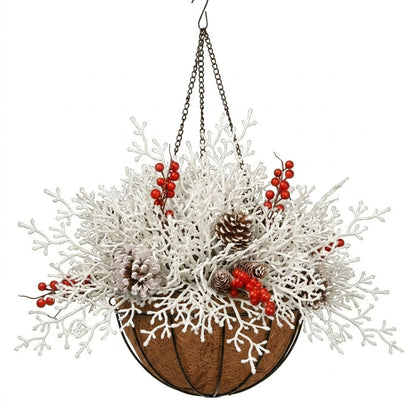 Pre-Lit Christmas Hanging Basket | Artificial Pine & Berry Porch Decor