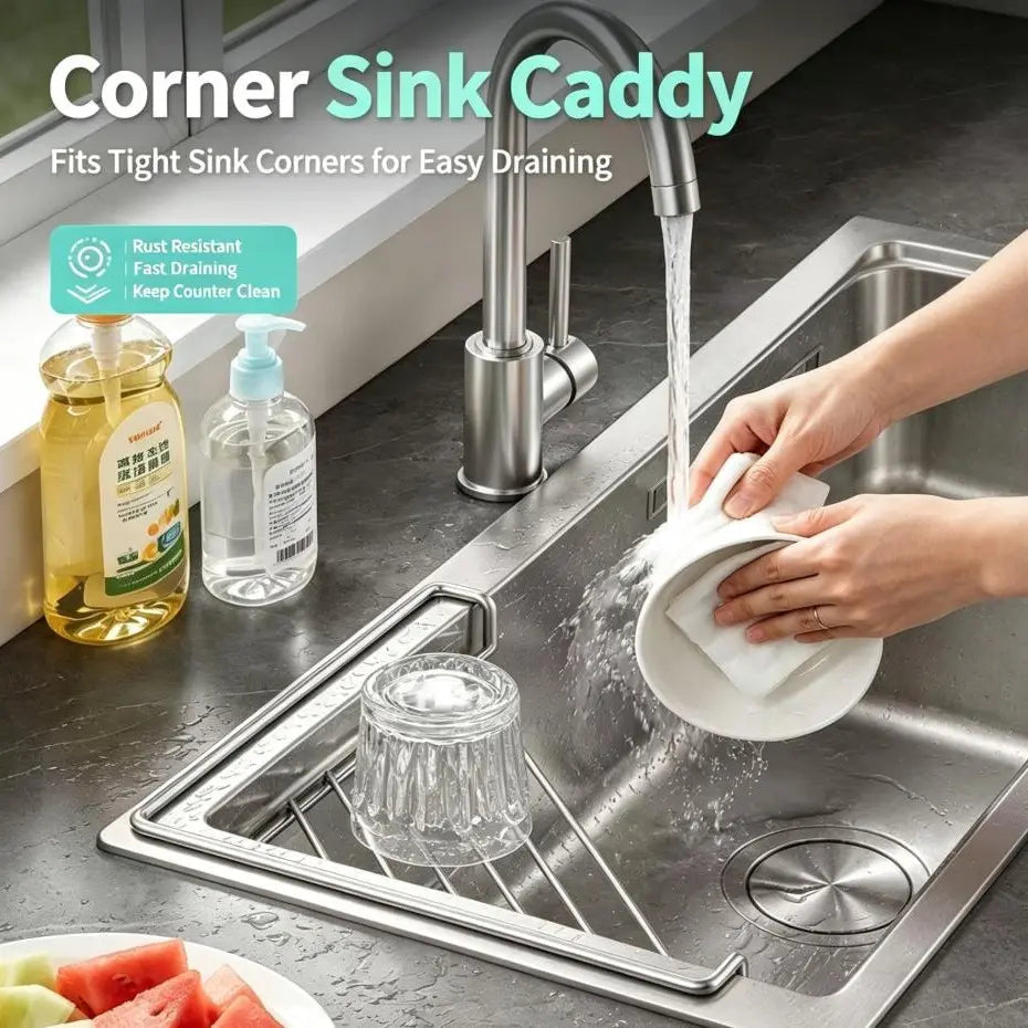 ✨ Stainless Steel Corner Sink Drain Rack | Space-Saving Kitchen Organizer