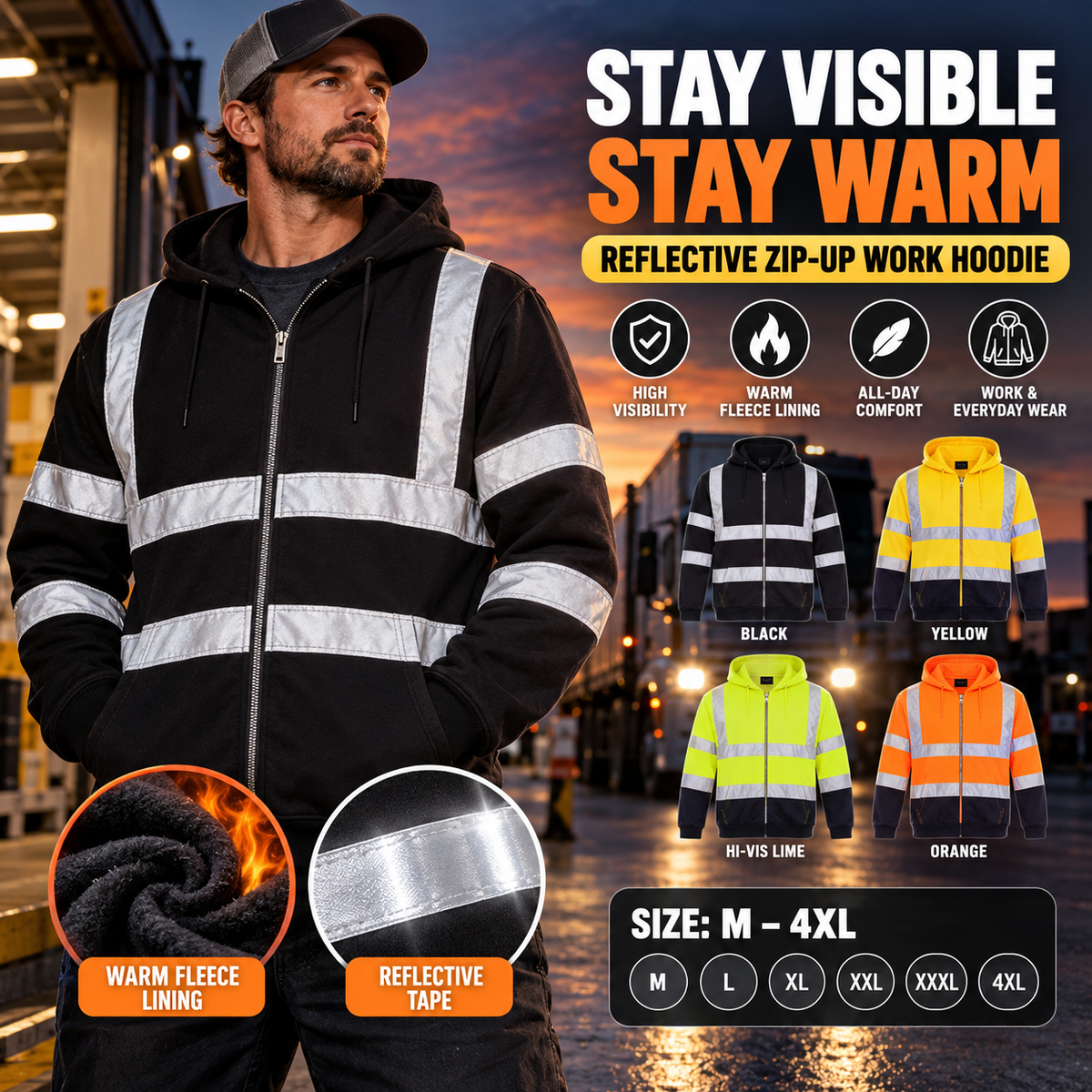 Men's Reflective Fleece-Lined Work Hoodie