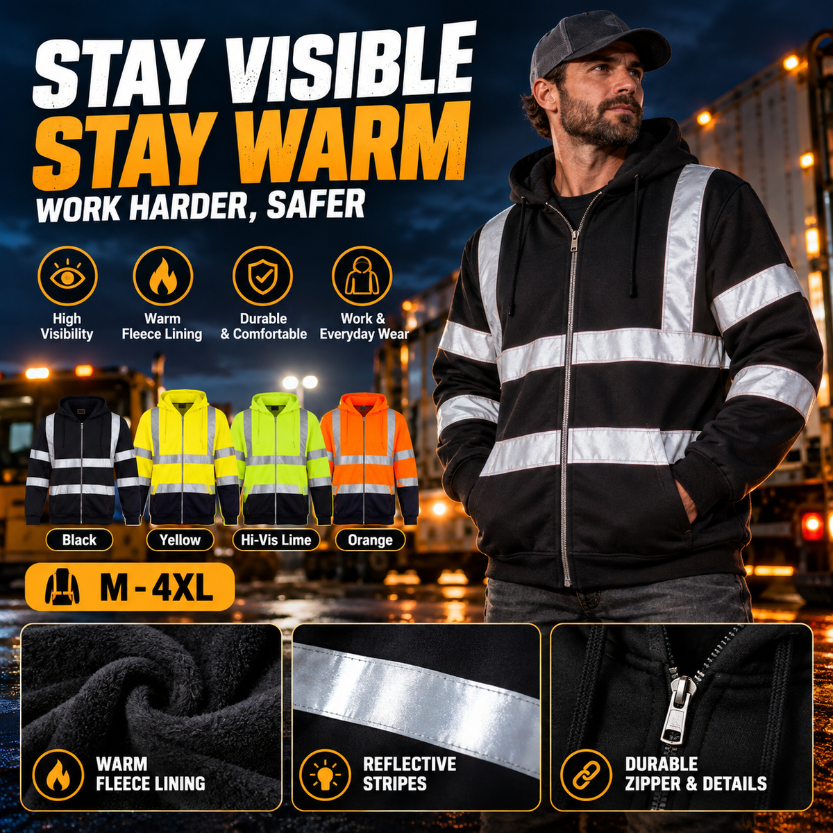 Men's Reflective Fleece-Lined Work Hoodie