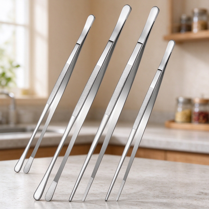 🍳4-Piece Stainless Steel Kitchen Tweezer Set – 10″ & 12″ Cooking and Plating Tongs