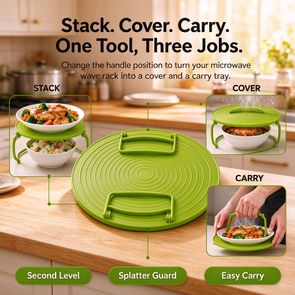 3-in-1 Microwave Plate Stacker & Splatter Cover
