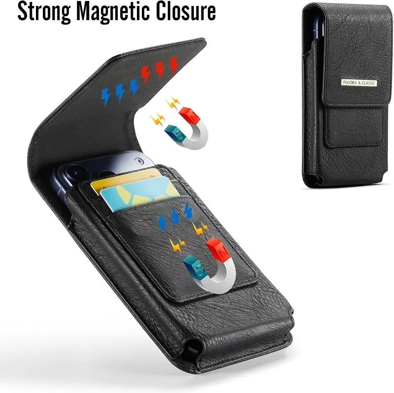 📱 Men’s Belt Phone Pouch – Magnetic Closure with Card Slot & Metal Clip