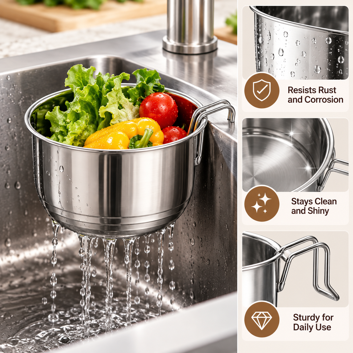 🛡️Stainless Steel Hanging Sink Strainer Basket – For Filtering Food Scraps and Washing Kitchen Fruits and Vegetables