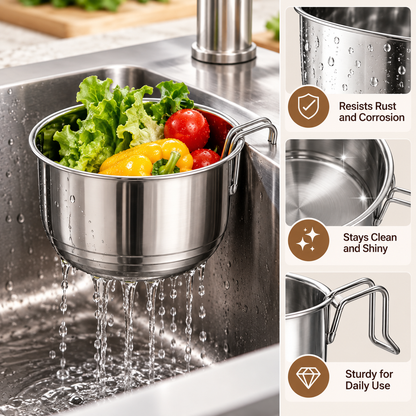 🛡️Stainless Steel Hanging Sink Strainer Basket – For Filtering Food Scraps and Washing Kitchen Fruits and Vegetables