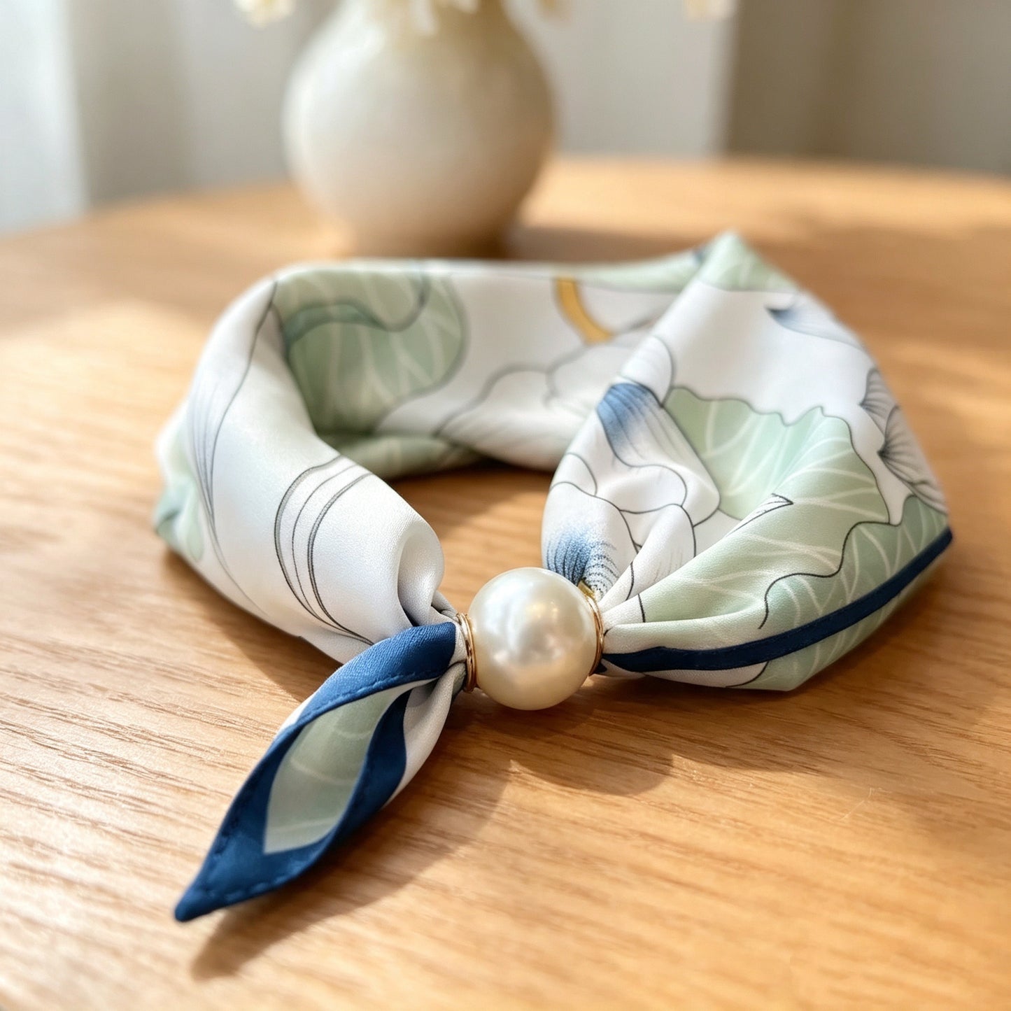 Lazy Snap-On Floral Satin Neck Scarf with Pearl Clasp
