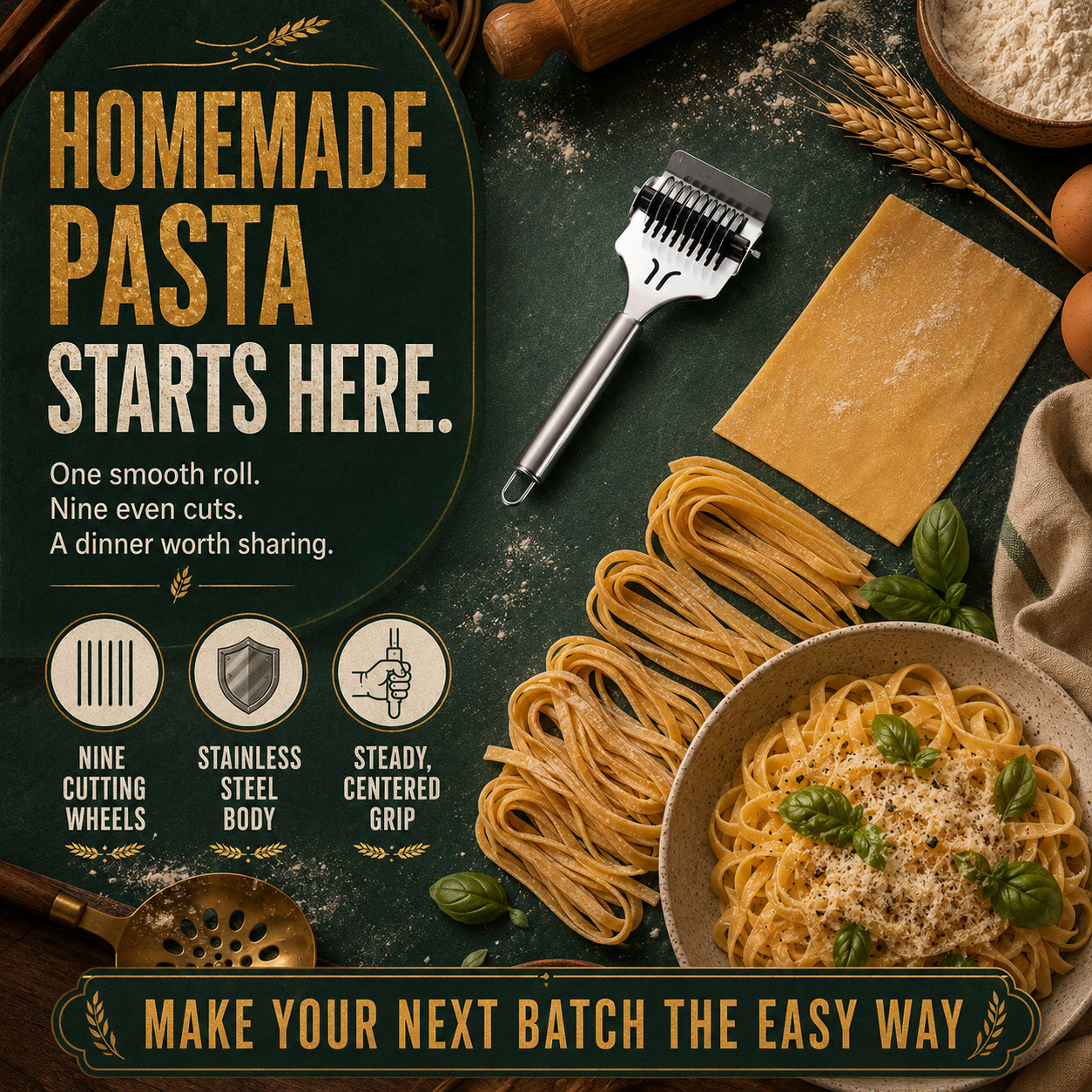 Buy 1 Get 1 Free🍝 Perfect Homemade Noodles in One Smooth Roll! 9-Wheel Stainless Steel Noodle & Dough Cutter ✨