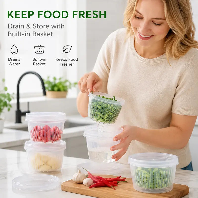 🥬5-Pack Multifunctional Food Storage Containers – With Drain Colander and Airtight Lid