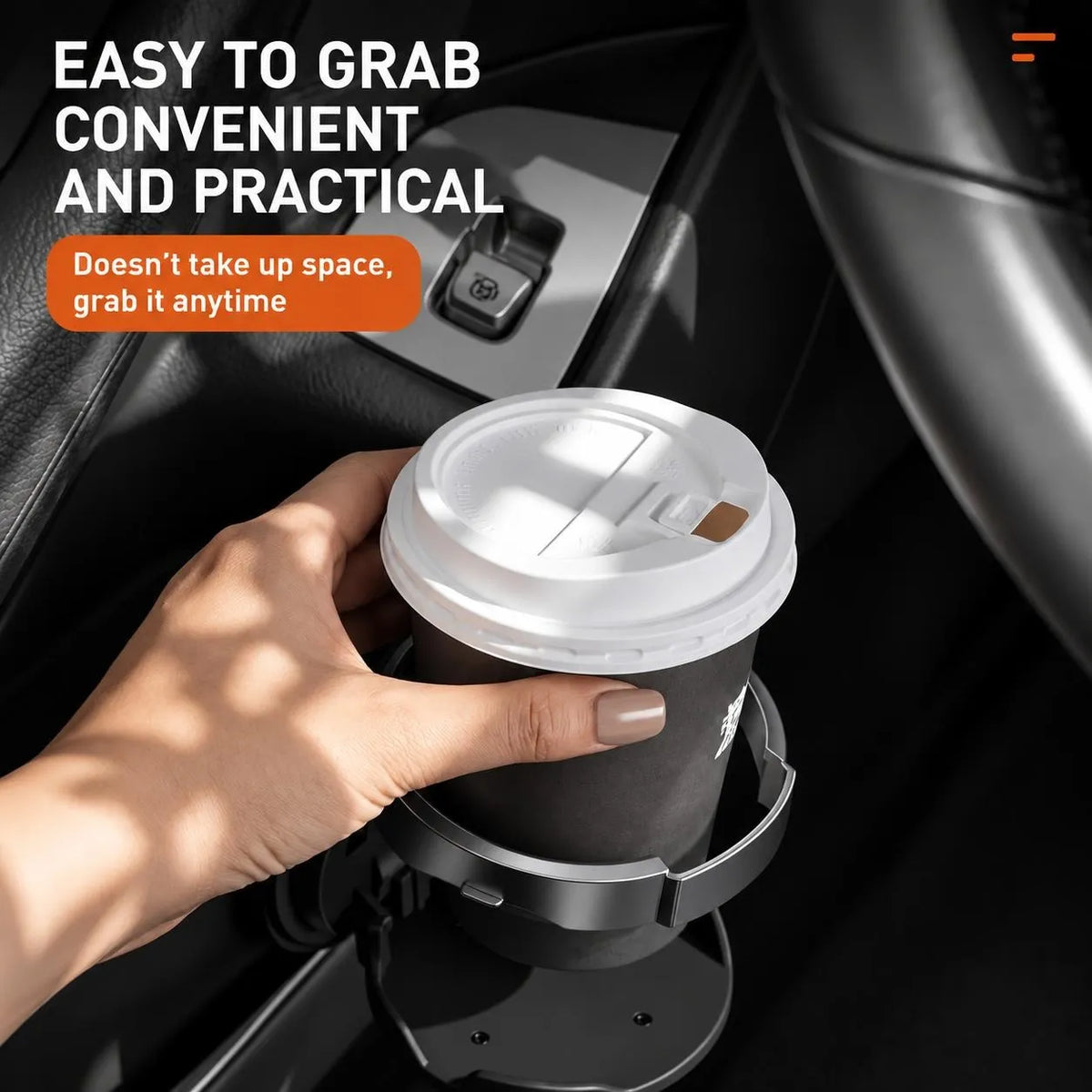 Car cup holder keeping a coffee cup within easy reach
