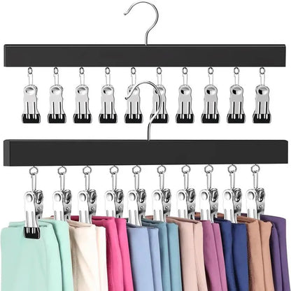 🧢📐 Wooden Clothes Drying Rack with 12 Stainless Steel Clips