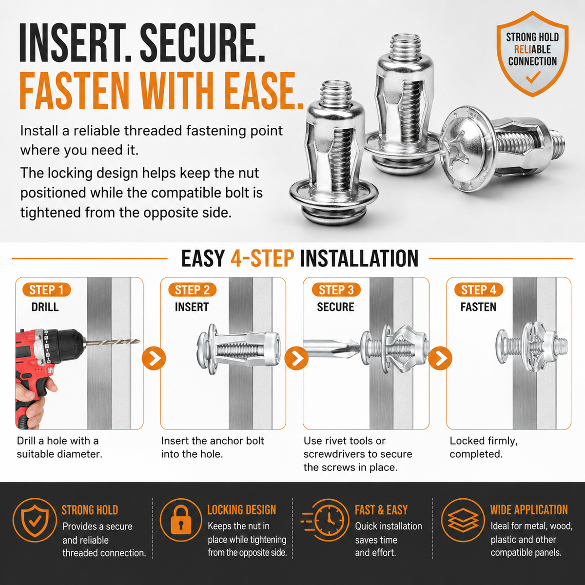 Heavy-Duty Carbon Steel Button Rivet Locking Nuts Set - Durable, Rustproof