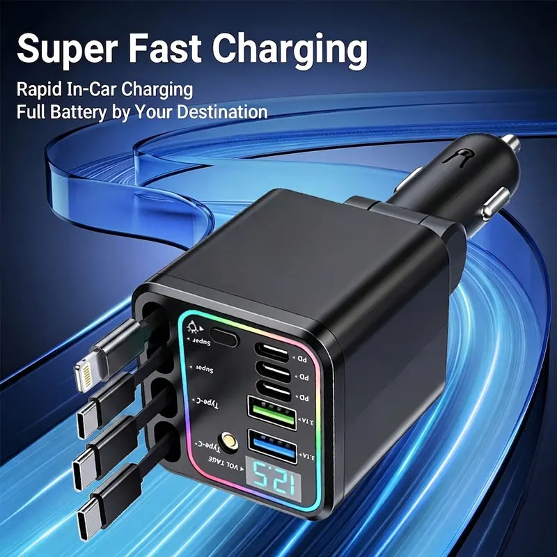 ⚡240W Compact Retractable Car Charger – 9-in-1 Fast Charging Station