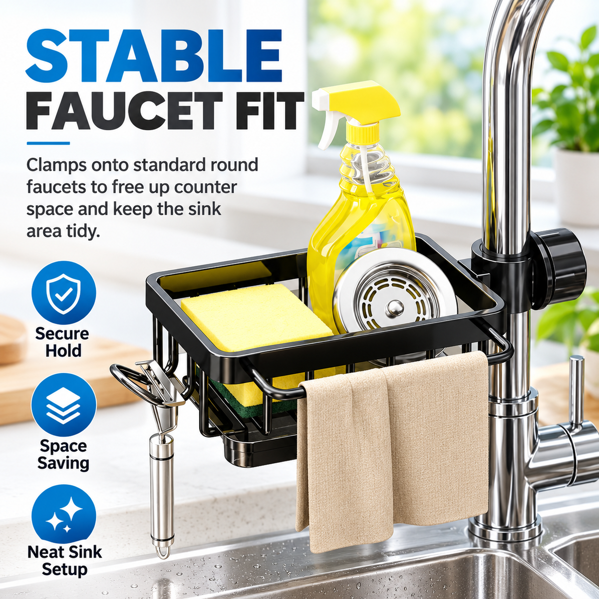 🔩Kitchen Sink Faucet Sponge Holder – Fits Round Pipes 0.7–1.1 Inches in Diameter