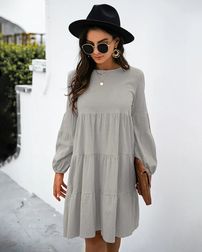 Long Puff Sleeve Shirt Dress Casual Crewneck Loose Fit Sundress Trendy Tiered Layer Summer Mini Dresses