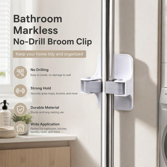 Bathroom Markless No-Drill Broom Clip（2Pcs）