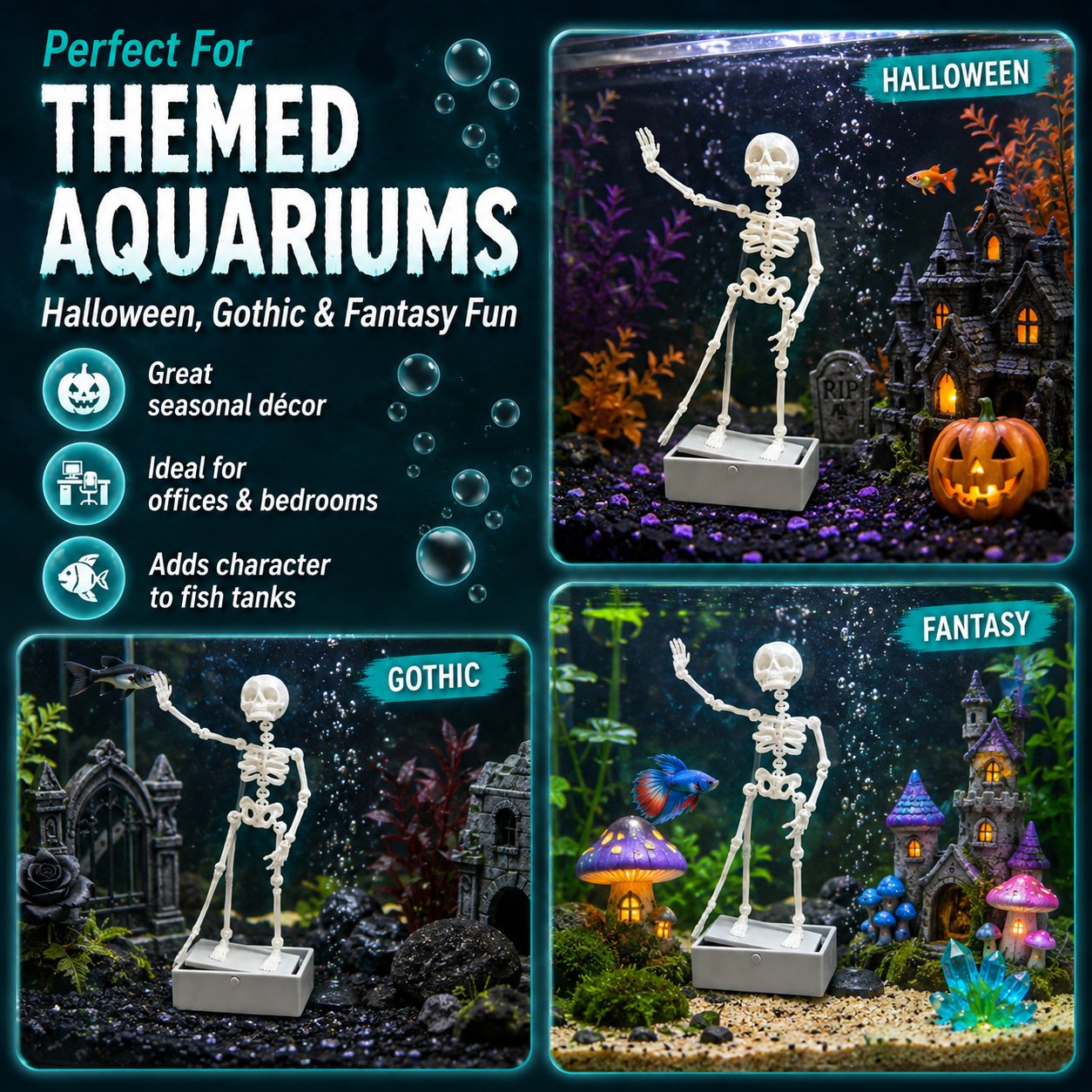 Skeleton aquarium ornament in Halloween gothic and fantasy themed aquariums