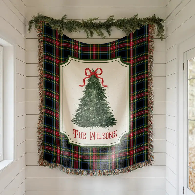 🎄Personalized checkered Christmas tree pattern woven blanket