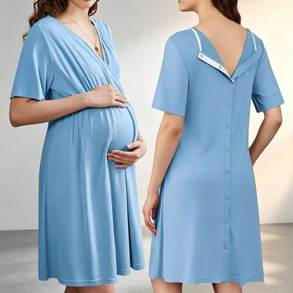 New V-neck Solid Color Maternity Nursing Short Sleeve Loose Breathable Dress