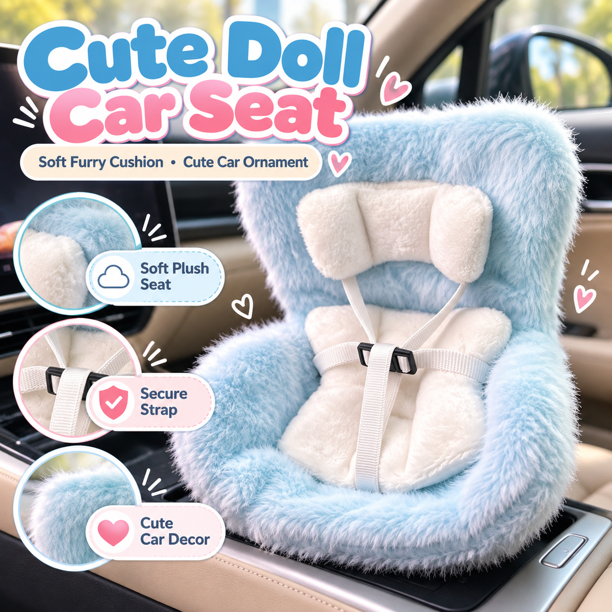 🐶Car Seat for Dolls with Soft Furry Cushion