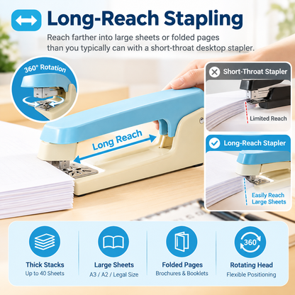 Rotating Swing Arm Stapler, 360 Degree Long Reach Stapler