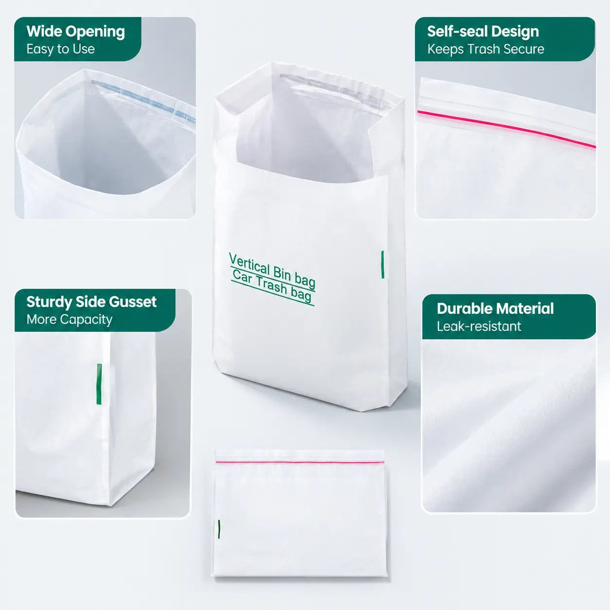 Car trash bag with wide opening expandable side gusset and sealing strip