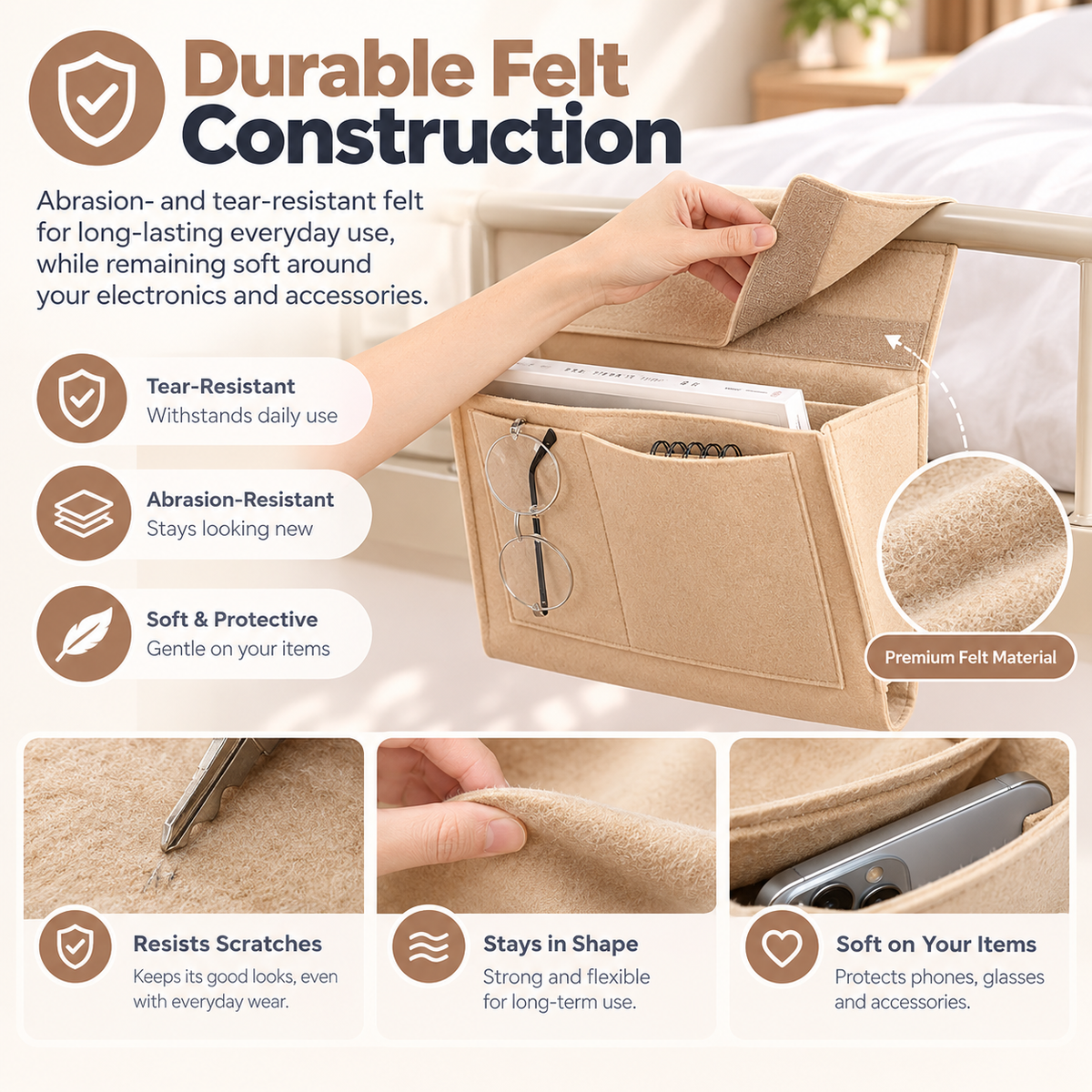 Bedside Caddy, 5 Pockets Felt Bedside Storage Organizer