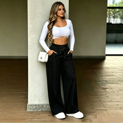 New Spring/Summer Drawstring High-Waisted Wide-Leg Pants