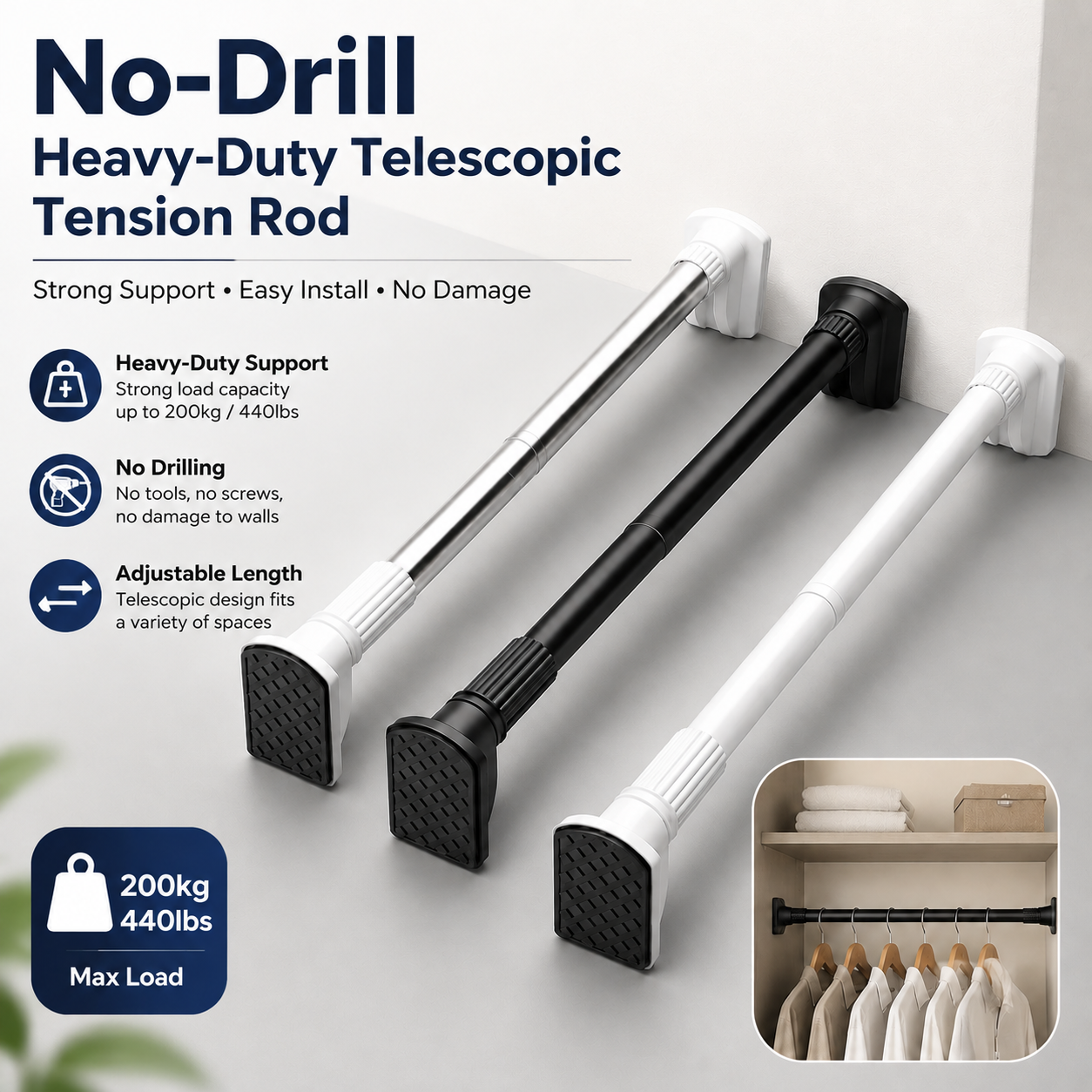 🛡️No-Drill Heavy-Duty Telescopic Tension Rod