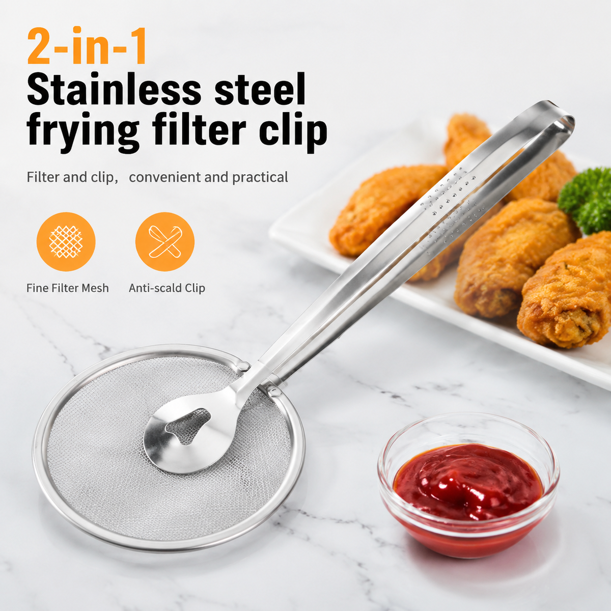🍳2-in-1 Stainless steel frying filter clip
