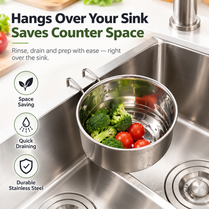 🛡️Stainless Steel Hanging Sink Strainer Basket – For Filtering Food Scraps and Washing Kitchen Fruits and Vegetables