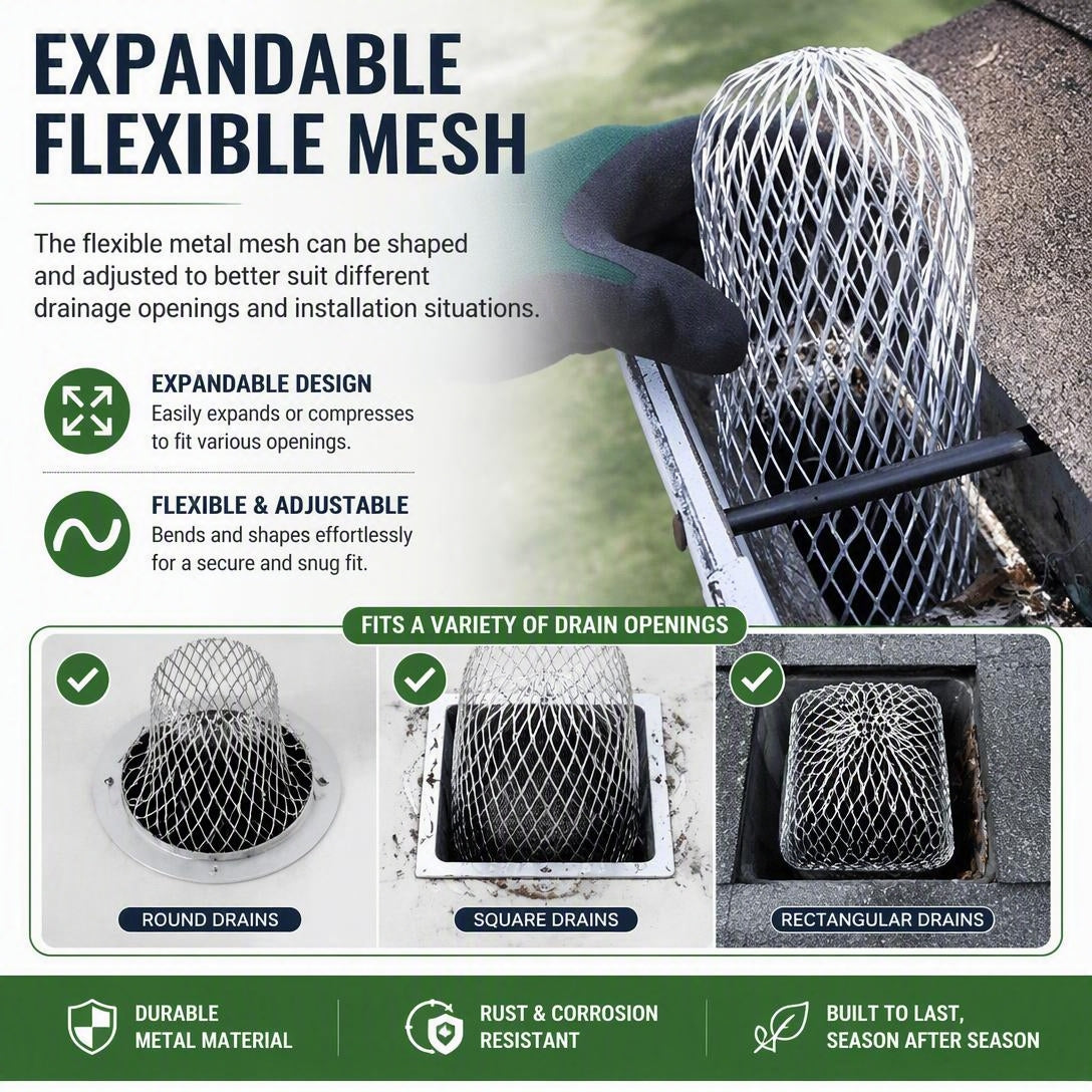 Expandable Flexible Metal Mesh Downspout Drain Guard（3Pcs）