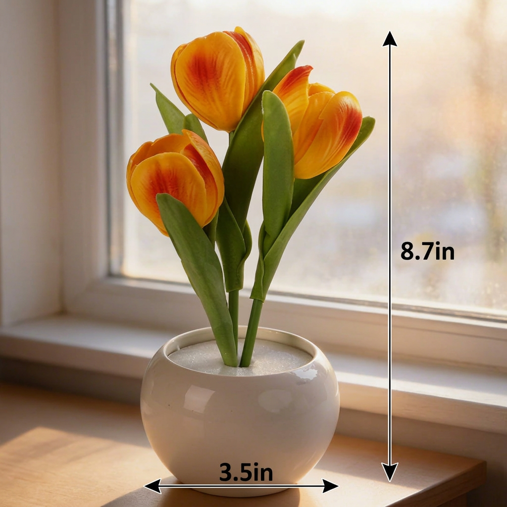 🌷LED Dimmable Plastic Tulip Artificial Flower Desk Lamp with Vase