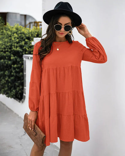 Long Puff Sleeve Shirt Dress Casual Crewneck Loose Fit Sundress Trendy Tiered Layer Summer Mini Dresses