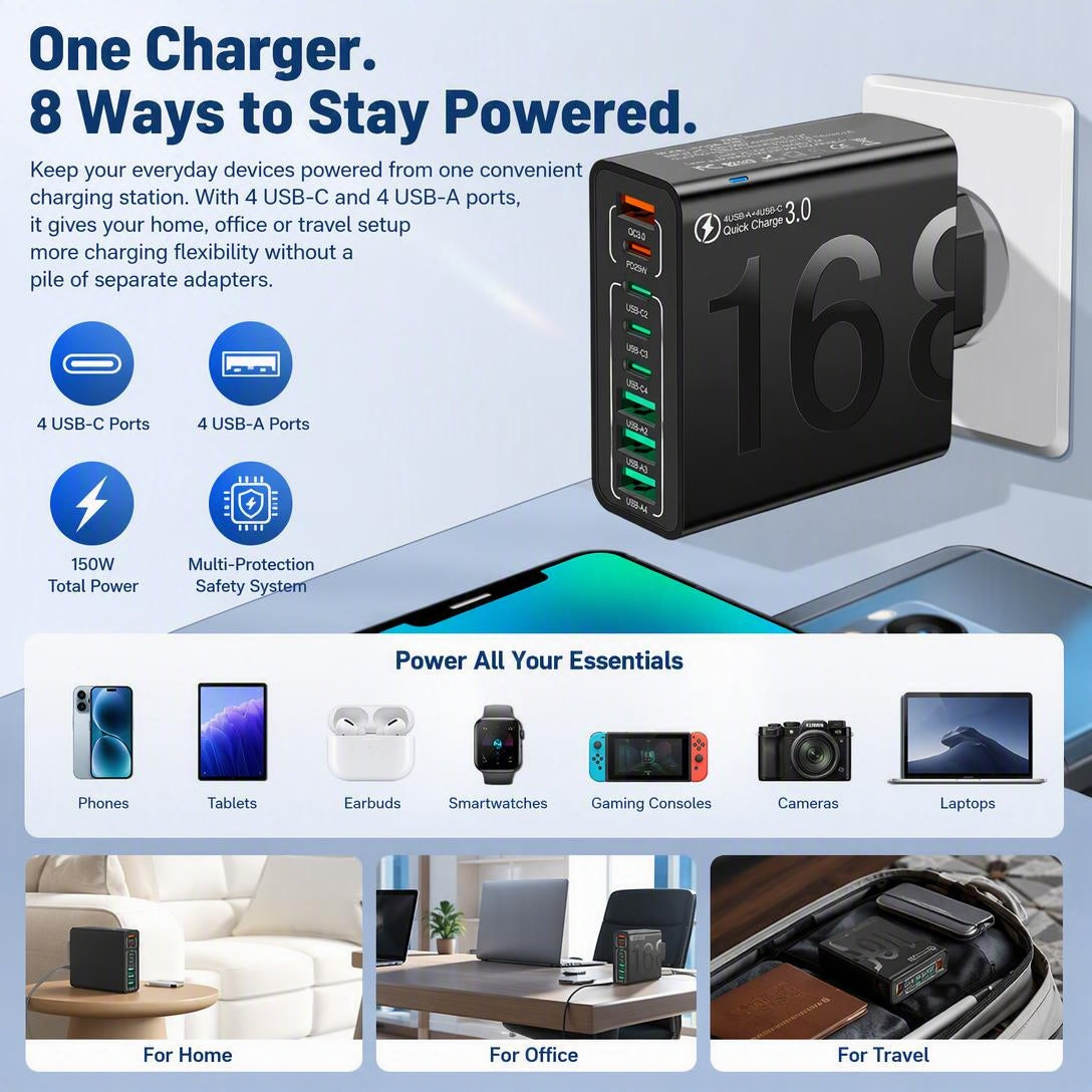 Portable Smart 8-Port Charger, Suitable For A Variety Of Devices
