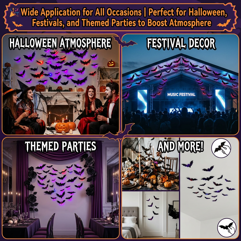 🦇3D Bat and Spider Wall Decals for Halloween – Party Decorations and Room Decor