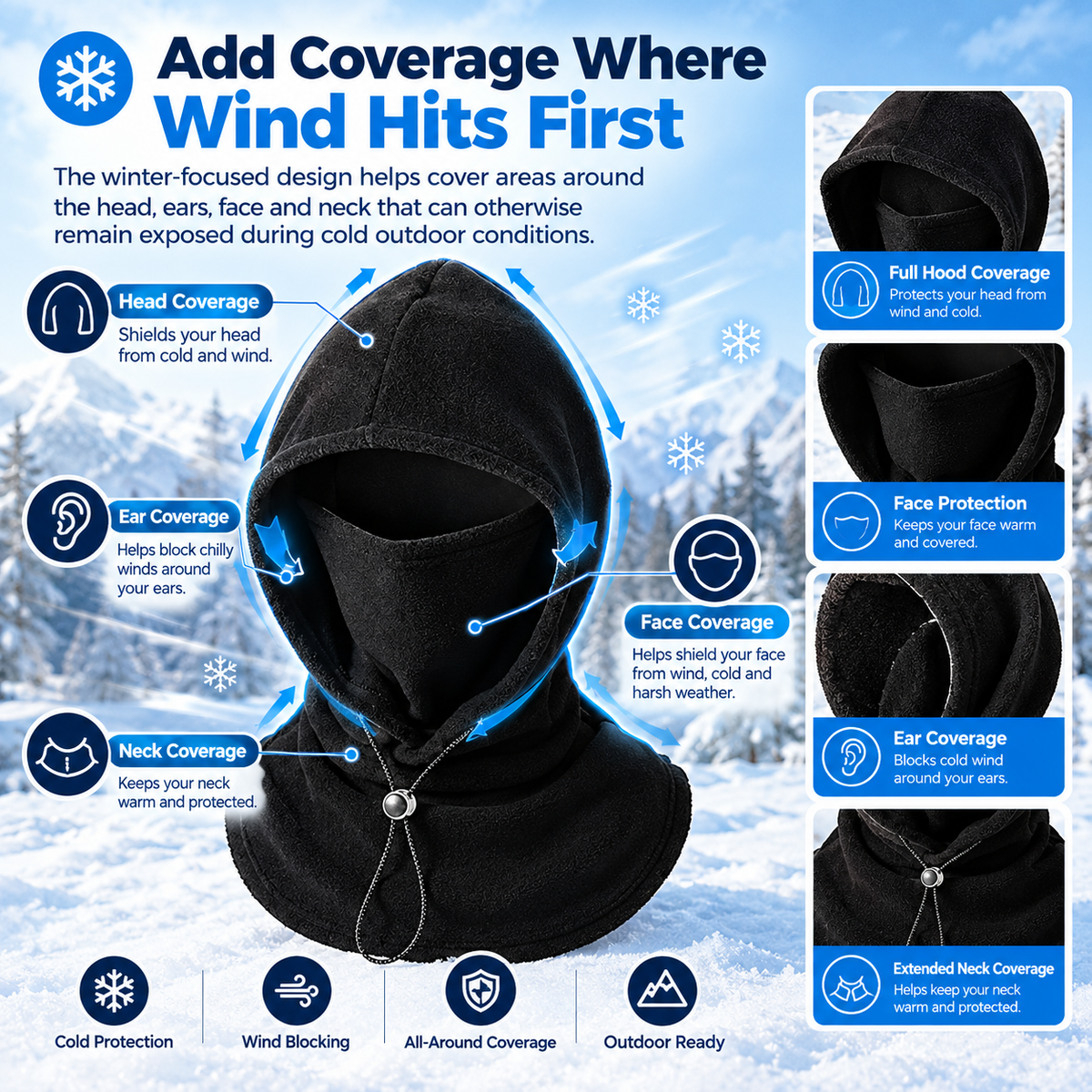 One‑Piece Winter Full Head Face Neck Cover With Drawstring Adjustable