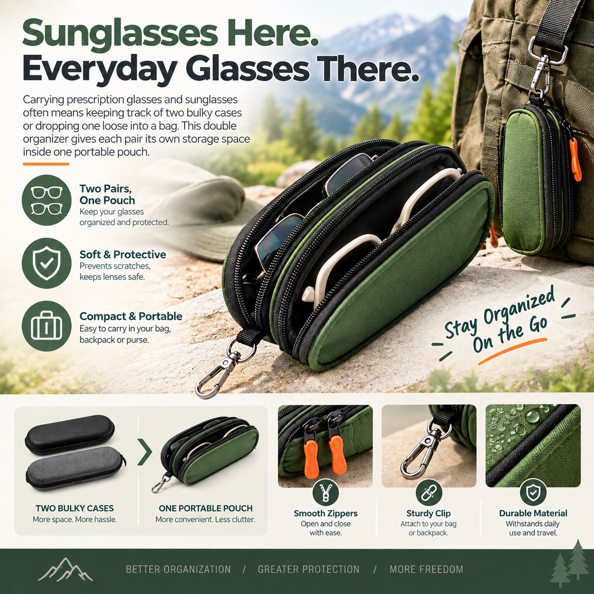 Soft Portable Double Eyeglass Case Zipper Sunglasses Bag