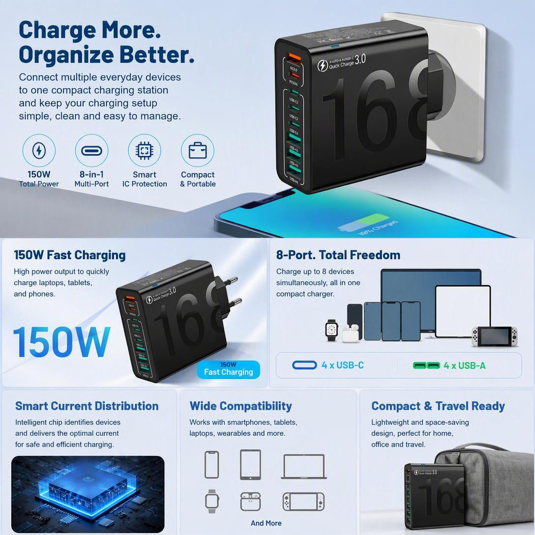 Portable Smart 8-Port Charger, Suitable For A Variety Of Devices