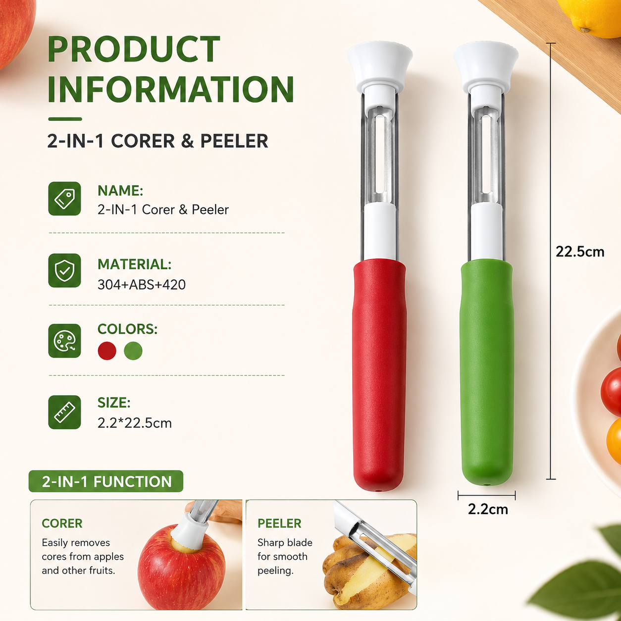 2-in-1 Multifunctional Stainless Steel Fruit and Vegetable Peeler and Core Remover