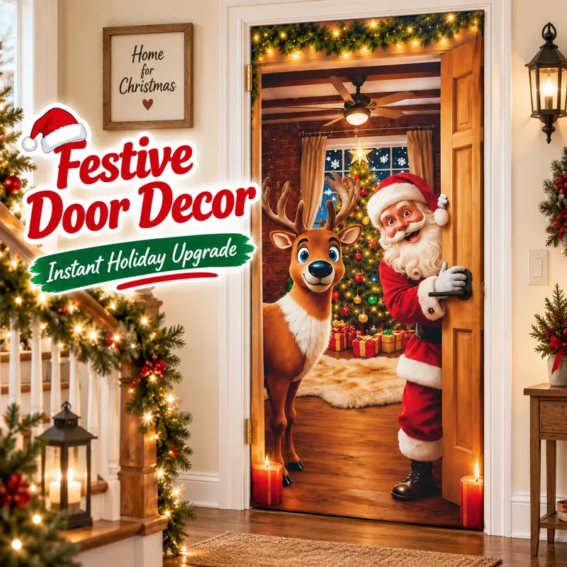 Christmas Door Cover - Stretch Fit Santa & Reindeer Door Decoration