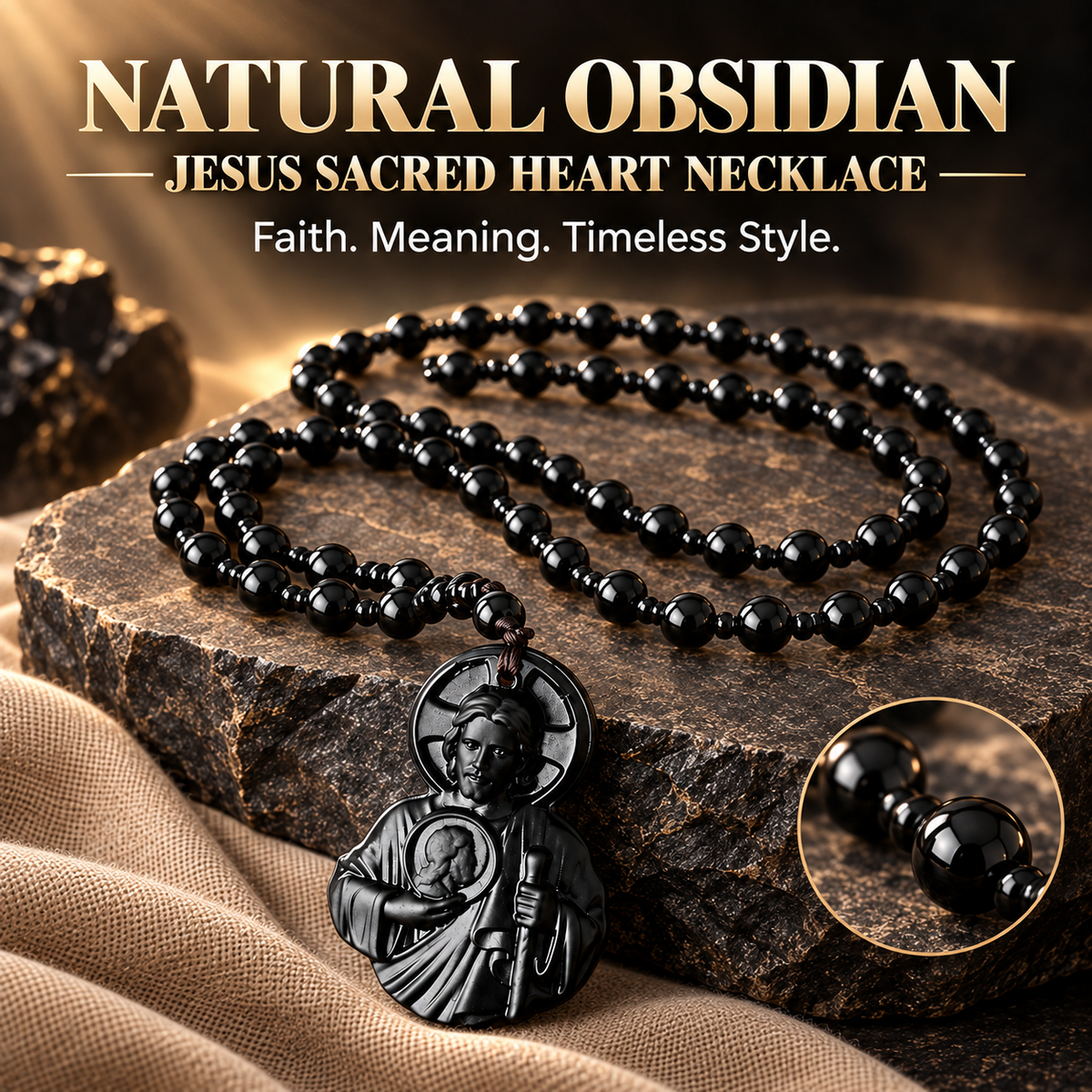 Natural Obsidian Jesus Sacred Heart Pendant Necklace