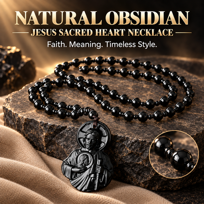 Natural Obsidian Jesus Sacred Heart Pendant Necklace