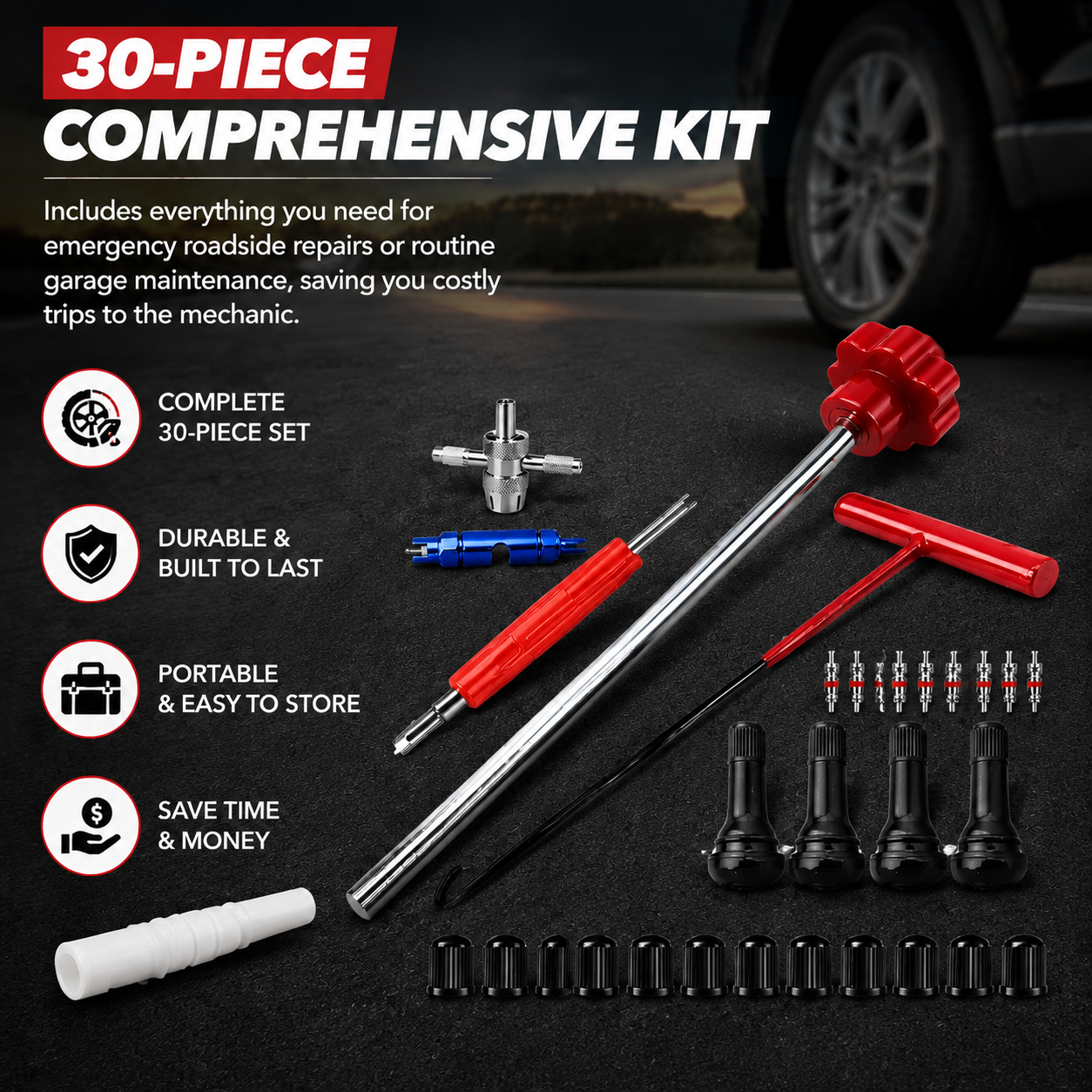 🔧30-piece quick tire valve removal and replacement tool kit