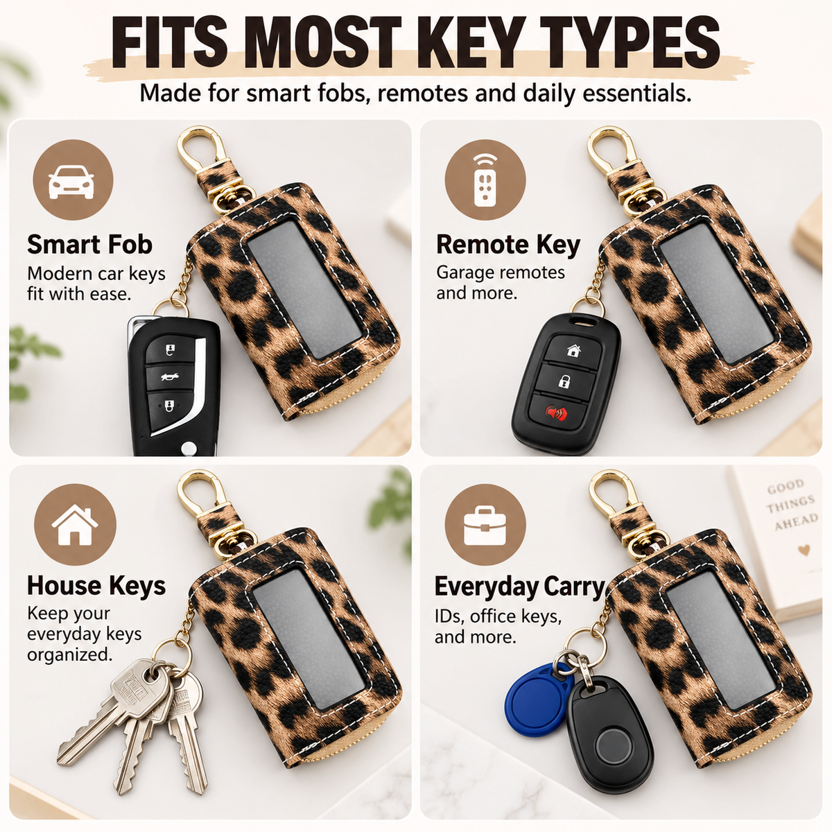 🐆Leopard-Print Ultra-Soft PU Leather Universal Car Key Pouch – Zippered Organizer with Transparent Window