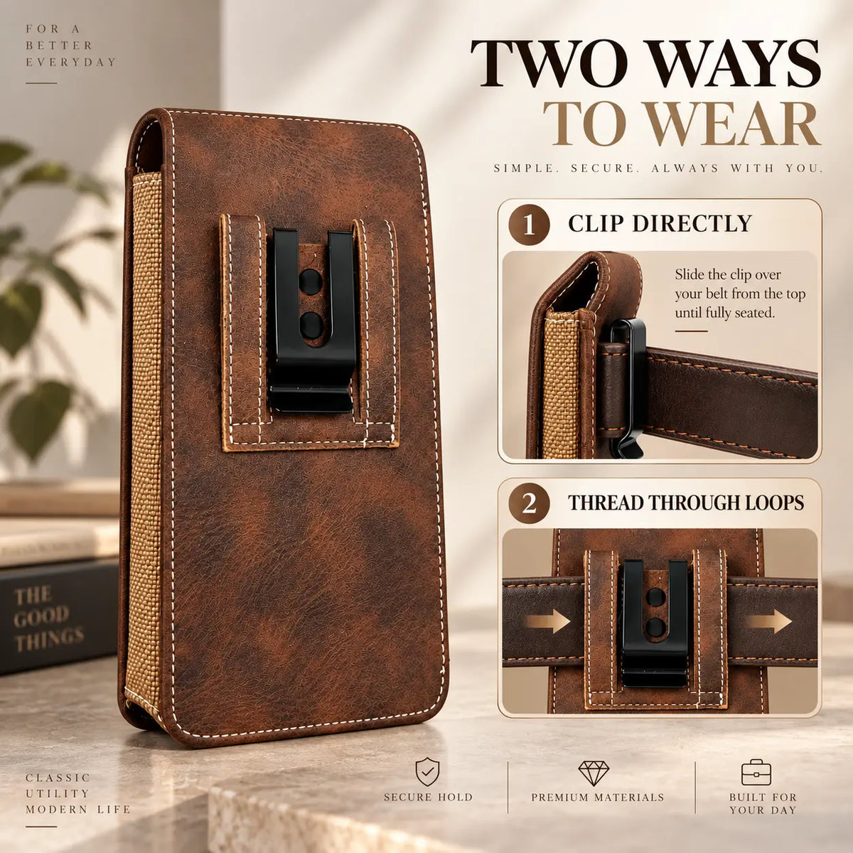 Two ways to wear phone pouch using metal clip or belt loops