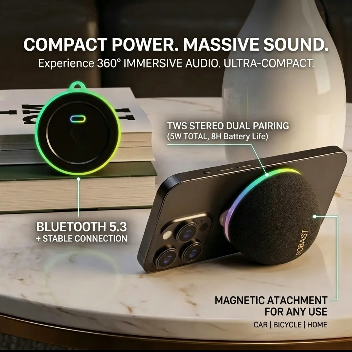 Magnetic Mini Bluetooth Speaker, 2-in-1 Phone Stand