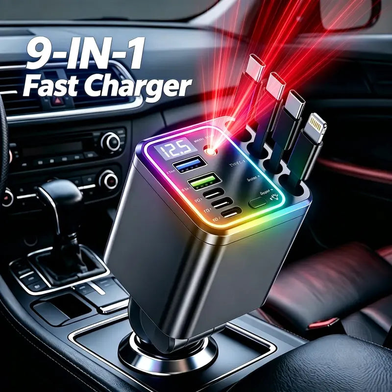 ⚡240W Compact Retractable Car Charger – 9-in-1 Fast Charging Station
