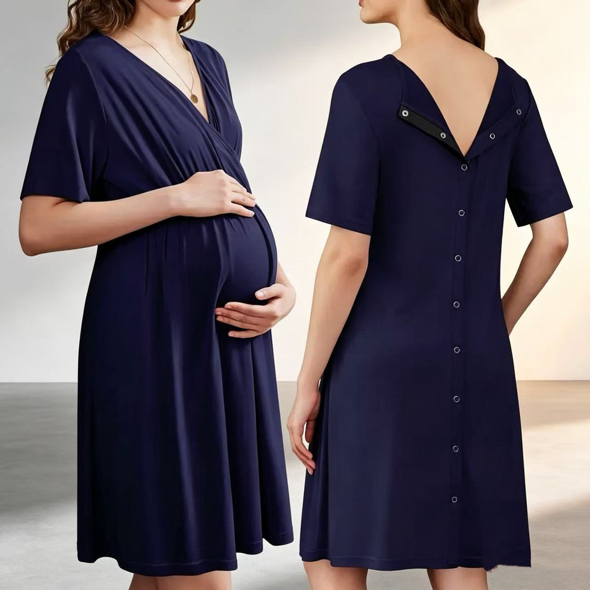 New V-neck Solid Color Maternity Nursing Short Sleeve Loose Breathable Dress